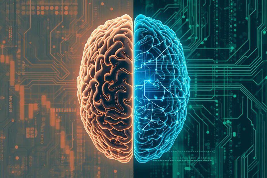 “Comparison illustration of human vs AI trader, split screen, digital brain vs human brain”